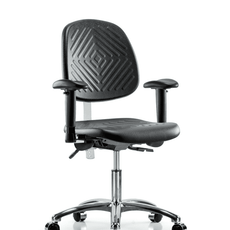 Class 100 Polyurethane Clean Room Chair - Desk Height with Medium Back, Seat Tilt, Adjustable Arms, & Casters in Black Polyurethane - NCR-PDHCH-MB-CR-T1-A1-CC-BLK
