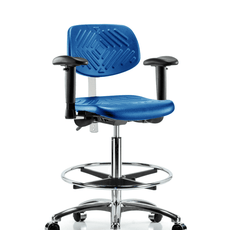 Class 100 Polyurethane Clean Room Chair - High Bench Height with Adjustable Arms, Chrome Foot Ring, & Casters in Blue Polyurethane - NCR-PHBCH-CR-T0-A1-CF-CC-BLU