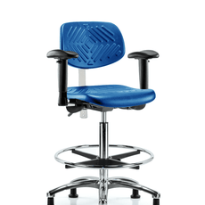 Class 100 Polyurethane Clean Room Chair - High Bench Height with Adjustable Arms, Chrome Foot Ring, & Stationary Glides in Blue Polyurethane - NCR-PHBCH-CR-T0-A1-CF-RG-BLU