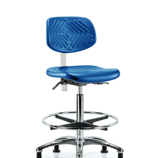 Class 100 Polyurethane Clean Room Chair - High Bench Height with Seat Tilt, Chrome Foot Ring, & Stationary Glides in Blue Polyurethane - NCR-PHBCH-CR-T1-A0-CF-RG-BLU
