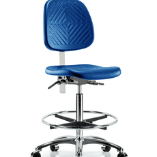 Class 10 Polyurethane Clean Room Chair - High Bench Height with Medium Back & Casters in Blue Polyurethane - NCR-PHBCH-MB-CR-T0-A0-CF-CC-BLU