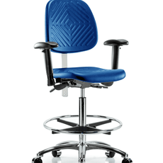 Class 100 Polyurethane Clean Room Chair - High Bench Height with Medium Back, Adjustable Arms, Chrome Foot Ring, & Casters in Blue Polyurethane - NCR-PHBCH-MB-CR-T0-A1-CF-CC-BLU