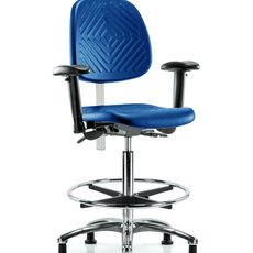 Class 100 Polyurethane Clean Room Chair - High Bench Height with Medium Back, Adjustable Arms, Chrome Foot Ring, & Stationary Glides in Blue Polyurethane - NCR-PHBCH-MB-CR-T0-A1-CF-RG-BLU