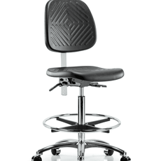 Class 100 Polyurethane Clean Room Chair - High Bench Height with Medium Back, Seat Tilt, Chrome Foot Ring, & Casters in Black Polyurethane - NCR-PHBCH-MB-CR-T1-A0-CF-CC-BLK