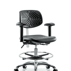 Class 100 Polyurethane Clean Room Chair - Medium Bench Height with Adjustable Arms, Chrome Foot Ring, & Casters in Black Polyurethane - NCR-PMBCH-CR-T0-A1-CF-CC-BLK