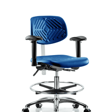 Class 100 Polyurethane Clean Room Chair - Medium Bench Height with Adjustable Arms, Chrome Foot Ring, & Casters in Blue Polyurethane - NCR-PMBCH-CR-T0-A1-CF-CC-BLU