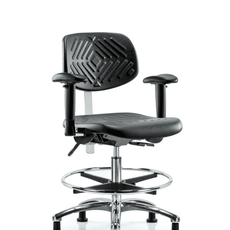 Class 100 Polyurethane Clean Room Chair - Medium Bench Height with Adjustable Arms, Chrome Foot Ring, & Stationary Glides in Black Polyurethane - NCR-PMBCH-CR-T0-A1-CF-RG-BLK