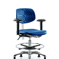Class 100 Polyurethane Clean Room Chair - Medium Bench Height with Adjustable Arms, Chrome Foot Ring, & Stationary Glides in Blue Polyurethane - NCR-PMBCH-CR-T0-A1-CF-RG-BLU