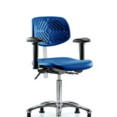 Class 100 Polyurethane Clean Room Chair - Medium Bench Height with Adjustable Arms & Stationary Glides in Blue Polyurethane - NCR-PMBCH-CR-T0-A1-NF-RG-BLU