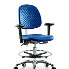 Class 100 Polyurethane Clean Room Chair - Medium Bench Height with Medium Back, Adjustable Arms, Chrome Foot Ring, & Casters in Blue Polyurethane - NCR-PMBCH-MB-CR-T0-A1-CF-CC-BLU