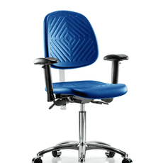 Class 100 Polyurethane Clean Room Chair - Medium Bench Height with Medium Back, Adjustable Arms, & Casters in Blue Polyurethane - NCR-PMBCH-MB-CR-T0-A1-NF-CC-BLU
