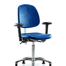 Class 100 Polyurethane Clean Room Chair - Medium Bench Height with Medium Back, Adjustable Arms, & Stationary Glides in Blue Polyurethane - NCR-PMBCH-MB-CR-T0-A1-NF-RG-BLU