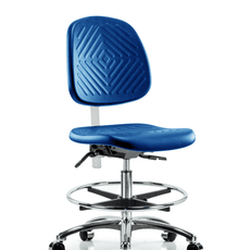 Class 100 Polyurethane Clean Room Chair - Medium Bench Height with Medium Back, Seat Tilt, Chrome Foot Ring, & Casters in Blue Polyurethane - NCR-PMBCH-MB-CR-T1-A0-CF-CC-BLU
