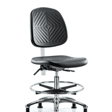 Class 100 Polyurethane Clean Room Chair - Medium Bench Height with Medium Back, Seat Tilt, Chrome Foot Ring, & Stationary Glides in Black Polyurethane - NCR-PMBCH-MB-CR-T1-A0-CF-RG-BLK