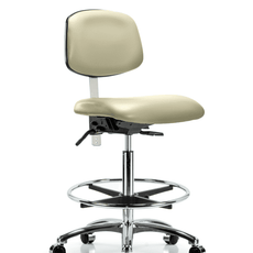 Class 100 Vinyl Clean Room Chair - High Bench Height with Chrome Foot Ring & Casters in Adobe White Trailblazer Vinyl - NCR-VHBCH-CR-T0-A0-CF-CC-8501