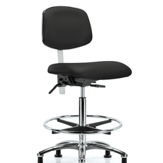 Class 100 Vinyl Clean Room Chair - High Bench Height with Chrome Foot Ring & Stationary Glides in Black Trailblazer Vinyl - NCR-VHBCH-CR-T0-A0-CF-RG-8540