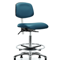 Class 100 Vinyl Clean Room Chair - High Bench Height with Chrome Foot Ring & Stationary Glides in Marine Blue Supernova Vinyl - NCR-VHBCH-CR-T0-A0-CF-RG-8801