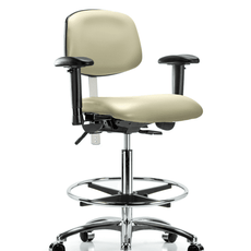 Class 100 Vinyl Clean Room Chair - High Bench Height with Adjustable Arms, Chrome Foot Ring, & Casters in Adobe White Trailblazer Vinyl - NCR-VHBCH-CR-T0-A1-CF-CC-8501