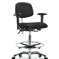 Class 100 Vinyl Clean Room Chair - High Bench Height with Adjustable Arms, Chrome Foot Ring, & Casters in Black Trailblazer Vinyl - NCR-VHBCH-CR-T0-A1-CF-CC-8540