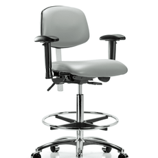 Class 100 Vinyl Clean Room Chair - High Bench Height with Adjustable Arms, Chrome Foot Ring, & Casters in Dove Trailblazer Vinyl - NCR-VHBCH-CR-T0-A1-CF-CC-8567