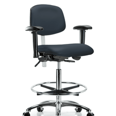 Class 100 Vinyl Clean Room Chair - High Bench Height with Adjustable Arms, Chrome Foot Ring, & Casters in Imperial Blue Trailblazer Vinyl - NCR-VHBCH-CR-T0-A1-CF-CC-8582