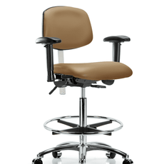 Class 100 Vinyl Clean Room Chair - High Bench Height with Adjustable Arms, Chrome Foot Ring, & Casters in Taupe Trailblazer Vinyl - NCR-VHBCH-CR-T0-A1-CF-CC-8584