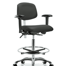 Class 100 Vinyl Clean Room Chair - High Bench Height with Adjustable Arms, Chrome Foot Ring, & Casters in Charcoal Trailblazer Vinyl - NCR-VHBCH-CR-T0-A1-CF-CC-8605