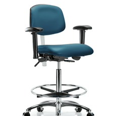 Class 100 Vinyl Clean Room Chair - High Bench Height with Adjustable Arms, Chrome Foot Ring, & Casters in Marine Blue Supernova Vinyl - NCR-VHBCH-CR-T0-A1-CF-CC-8801