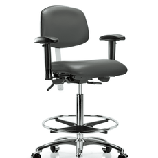 Class 100 Vinyl Clean Room Chair - High Bench Height with Adjustable Arms, Chrome Foot Ring, & Casters in Carbon Supernova Vinyl - NCR-VHBCH-CR-T0-A1-CF-CC-8823