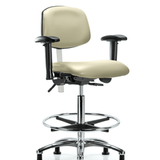 Class 100 Vinyl Clean Room Chair - High Bench Height with Adjustable Arms, Chrome Foot Ring, & Stationary Glides in Adobe White Trailblazer Vinyl - NCR-VHBCH-CR-T0-A1-CF-RG-8501