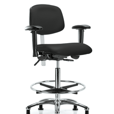 Class 100 Vinyl Clean Room Chair - High Bench Height with Adjustable Arms, Chrome Foot Ring, & Stationary Glides in Black Trailblazer Vinyl - NCR-VHBCH-CR-T0-A1-CF-RG-8540