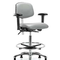 Class 100 Vinyl Clean Room Chair - High Bench Height with Adjustable Arms, Chrome Foot Ring, & Stationary Glides in Dove Trailblazer Vinyl - NCR-VHBCH-CR-T0-A1-CF-RG-8567