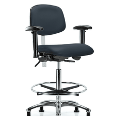 Class 100 Vinyl Clean Room Chair - High Bench Height with Adjustable Arms, Chrome Foot Ring, & Stationary Glides in Imperial Blue Trailblazer Vinyl - NCR-VHBCH-CR-T0-A1-CF-RG-8582
