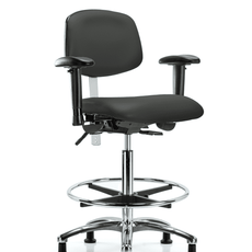 Class 100 Vinyl Clean Room Chair - High Bench Height with Adjustable Arms, Chrome Foot Ring, & Stationary Glides in Charcoal Trailblazer Vinyl - NCR-VHBCH-CR-T0-A1-CF-RG-8605