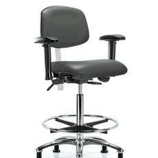 Class 100 Vinyl Clean Room Chair - High Bench Height with Adjustable Arms, Chrome Foot Ring, & Stationary Glides in Carbon Supernova Vinyl - NCR-VHBCH-CR-T0-A1-CF-RG-8823