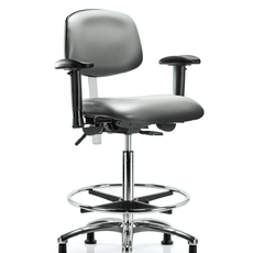 Class 100 Vinyl Clean Room Chair - High Bench Height with Adjustable Arms, Chrome Foot Ring, & Stationary Glides in Sterling Supernova Vinyl - NCR-VHBCH-CR-T0-A1-CF-RG-8840