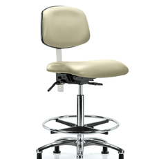 Class 100 Vinyl Clean Room Chair - High Bench Height with Seat Tilt, Chrome Foot Ring, & Stationary Glides in Adobe White Trailblazer Vinyl - NCR-VHBCH-CR-T1-A0-CF-RG-8501