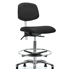 Class 100 Vinyl Clean Room Chair - High Bench Height with Seat Tilt, Chrome Foot Ring, & Stationary Glides in Black Trailblazer Vinyl - NCR-VHBCH-CR-T1-A0-CF-RG-8540