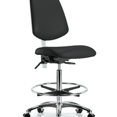 Class 100 Vinyl Clean Room Chair - High Bench Height with Medium Back, Chrome Foot Ring, & Casters in Black Trailblazer Vinyl - NCR-VHBCH-MB-CR-T0-A0-CF-CC-8540