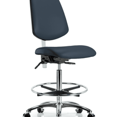 Class 100 Vinyl Clean Room Chair - High Bench Height with Medium Back, Chrome Foot Ring, & Casters in Imperial Blue Trailblazer Vinyl - NCR-VHBCH-MB-CR-T0-A0-CF-CC-8582