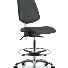 Class 100 Vinyl Clean Room Chair - High Bench Height with Medium Back, Chrome Foot Ring, & Casters in Charcoal Trailblazer Vinyl - NCR-VHBCH-MB-CR-T0-A0-CF-CC-8605