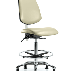 Class 100 Vinyl Clean Room Chair - High Bench Height with Medium Back, Chrome Foot Ring, & Stationary Glides in Adobe White Trailblazer Vinyl - NCR-VHBCH-MB-CR-T0-A0-CF-RG-8501