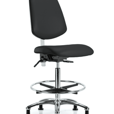 Class 100 Vinyl Clean Room Chair - High Bench Height with Medium Back, Chrome Foot Ring, & Stationary Glides in Black Trailblazer Vinyl - NCR-VHBCH-MB-CR-T0-A0-CF-RG-8540