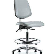 Class 100 Vinyl Clean Room Chair - High Bench Height with Medium Back, Chrome Foot Ring, & Stationary Glides in Dove Trailblazer Vinyl - NCR-VHBCH-MB-CR-T0-A0-CF-RG-8567