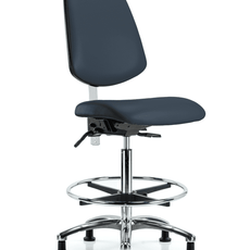 Class 100 Vinyl Clean Room Chair - High Bench Height with Medium Back, Chrome Foot Ring, & Stationary Glides in Imperial Blue Trailblazer Vinyl - NCR-VHBCH-MB-CR-T0-A0-CF-RG-8582