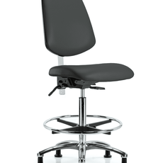 Class 100 Vinyl Clean Room Chair - High Bench Height with Medium Back, Chrome Foot Ring, & Stationary Glides in Charcoal Trailblazer Vinyl - NCR-VHBCH-MB-CR-T0-A0-CF-RG-8605