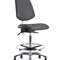 Class 100 Vinyl Clean Room Chair - High Bench Height with Medium Back, Chrome Foot Ring, & Stationary Glides in Carbon Supernova Vinyl - NCR-VHBCH-MB-CR-T0-A0-CF-RG-8823