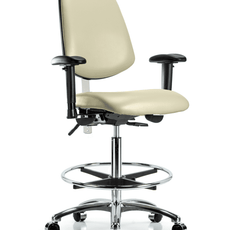 Class 100 Vinyl Clean Room Chair - High Bench Height with Medium Back, Adjustable Arms, Chrome Foot Ring, & Casters in Adobe White Trailblazer Vinyl - NCR-VHBCH-MB-CR-T0-A1-CF-CC-8501