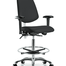 Class 100 Vinyl Clean Room Chair - High Bench Height with Medium Back, Adjustable Arms, Chrome Foot Ring, & Casters in Black Trailblazer Vinyl - NCR-VHBCH-MB-CR-T0-A1-CF-CC-8540