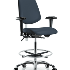 Class 100 Vinyl Clean Room Chair - High Bench Height with Medium Back, Adjustable Arms, Chrome Foot Ring, & Casters in Imperial Blue Trailblazer Vinyl - NCR-VHBCH-MB-CR-T0-A1-CF-CC-8582